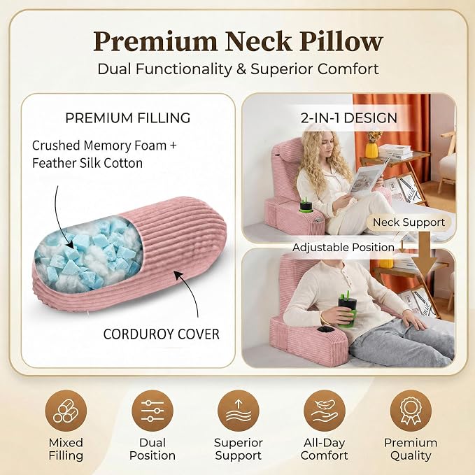 Reading Pillow for Adults, Back Pillow for Bed Sitting Up, Backrest Pillow for Sitting in Bed, Detachable Arms with Built-in Cup & Phone Caddy (Dusty Pink-Corduroy, 21 INCH)