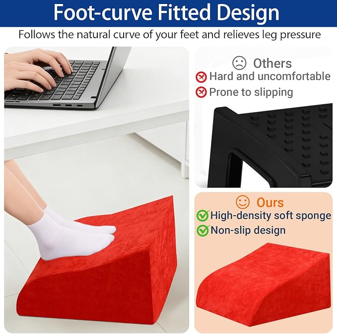 Foot Rest for Under Desk at Work, Ergonomic Under Desk Footrest with Washable Cover for Office, Home & Gaming Leg Elevation Pillow Red