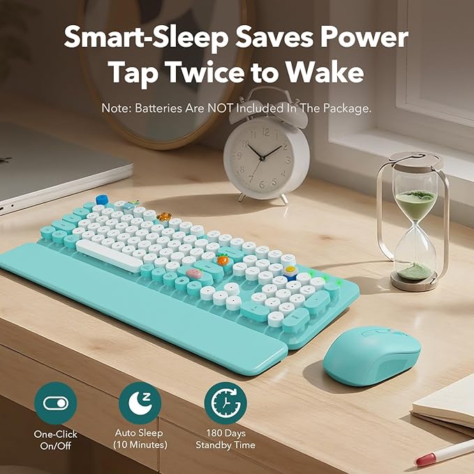 Wireless Keyboard and Mouse Combo, Full-Size Retro Typewriter Keyboard with Detachable Wrist Rest, Round Keycaps, Sleep Mode & Tilt Legs, 2.4GHz Cordless Connection for Windows/PC (Robin Egg Blue)