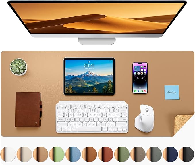 Aothia Dual-Sided Desk Mat - Leather & Cork Desk Protector, Large Mouse Pad & Writing Pad for Office/Home, Waterproof, Apricot (35.4" x 15.7")
