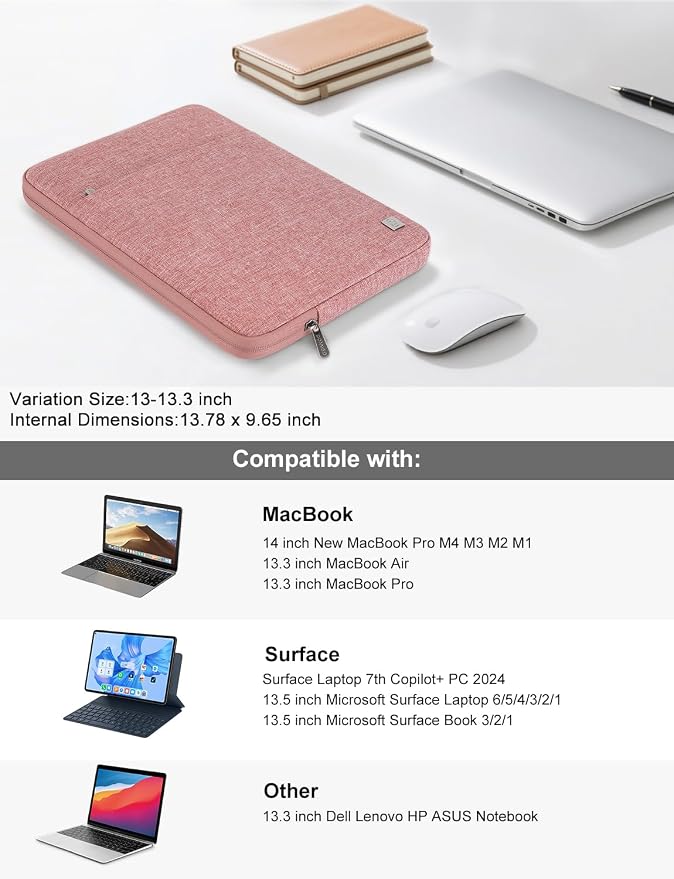 DOMISO Laptop Case Laptop Sleeve Cover Compatible with 14 inch MacBook Pro M4/M3/M2/M1 Pro/Max 2024-2021, Compatible with 13.3 inch HP Dell ASUS Lenovo Notebook, Water-Resistant Bag with Pocket, Pink