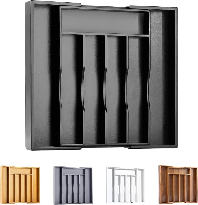 Black Silverware Organizer Kitchen Drawer Organizer Expandable Bamboo Utensil Holder Cutlery Tray for Kitchen Utensil and Flatware Bedroom Office