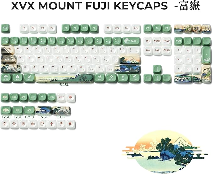 OHY XVX MOA Profile Keycaps Set, Japanese Mount Fuji Theme, 129 - Key White & Green Custom Keycaps with PBT + Frosted Translucent PC Material for US Layout Mechanical Keyboards