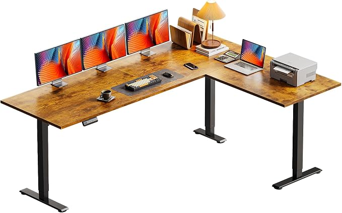 Casaottima 71 Inch Reversible Electric L Shaped Standing Desk, Height Adjustable Corner Stand up Desk, Ergonomic Large Lift Table for Home, Office, Workstation, Reception Room, Rustic Brown