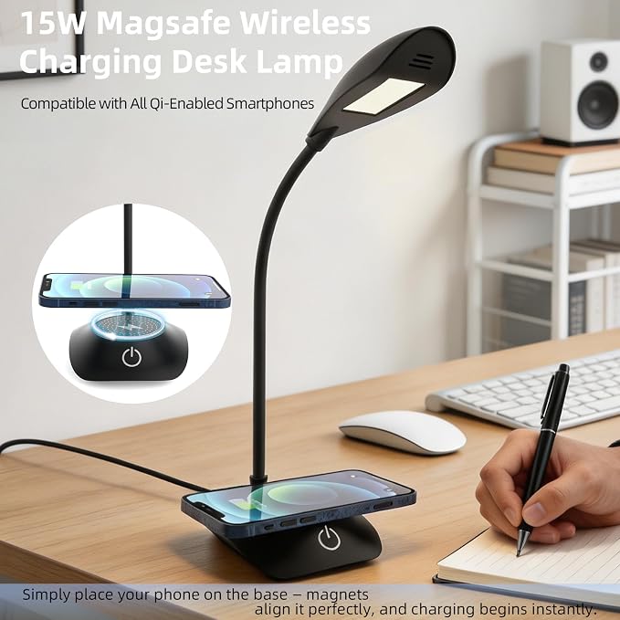 Desk Lamp for Home Office Compatible with MagSafe Wireless Fast Charging, Dimmable 3 Color Modes, 600LM, CRI 85, Adjustable Neck Study Lamps for College Dorm Room, Adapter Not Included, Black