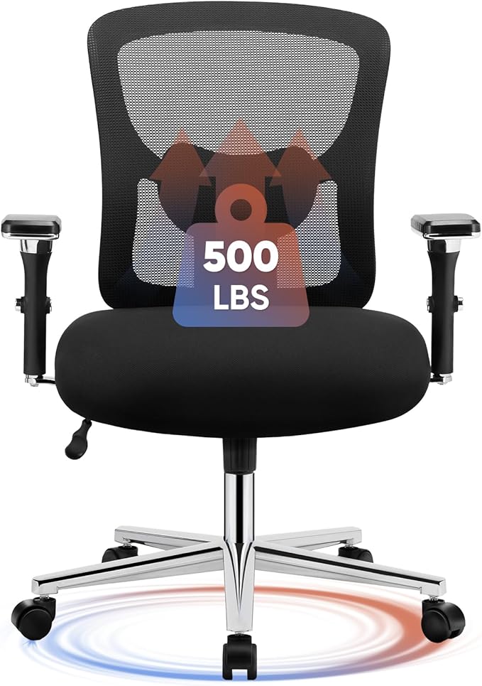 Sweetcrispy Big and Tall Office Desk Chair with Lumbar Support, 500lbs Heavy Duty Mesh Ergonomic Computer Chair with 4D Armrest and Wide Comfy Seat, Wheels for Adult, Black