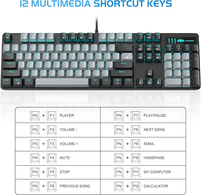 MageGee Mechanical Gaming Keyboard, 104 Keys Blue Backlit Keyboards with Brown Switches & Double-Shot Keycaps, USB Wired Mechanical Computer Keyboard for Laptop, Desktop, PC Gamers (Black & Gray)
