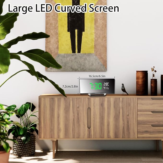 Digital Alarm Clock, LED Alarm Clock with Large Curved Screen, 3 Levels Brightness, 2 Alarms, Snooze, Bedside Clock with Temperature and Humidity Display, USB Power Supply (G&W)