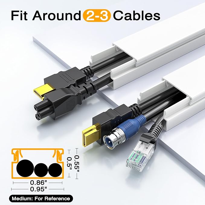 Delamu Cord Hider, 56.7in Cord Covers for 2-3 Wires on Wall, Paintable Cable Hider Wire Covers for Cords, Self-Adhesive Cable Cover Management, Easy Set-up Wires Hiders for TV, W0.95 x H0.55in, White