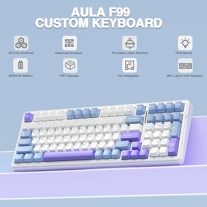 Aula F99 Wireless Mechanical Keyboard,Tri-Mode BT5.0/2.4GHz/USB-C Hot Swappable Custom Keyboard,RGB Backlit Gaming Keyboard for PC/Tablet/Xbox/PS4/PS5 (Renewed)