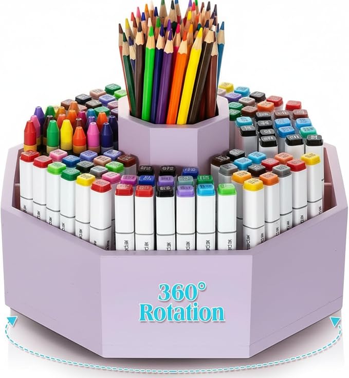 360° Rotating Pencil Holder for Desk Bamboo Rotating Marker Pen Desk Organizer Art Supply Gifts or Desktop Storage Caddy, Crayon, Marker, Pencil(Light Purple)