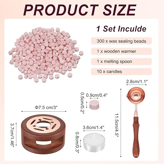 PATIKIL Wax Seal Kit, 300 Pcs Wax Sealing Beads, Wooden Warmer, Melted Spoon, 10 Pcs Tealight Candles for Envelope Letter Mailing Crafts DIY, Smoke Pink