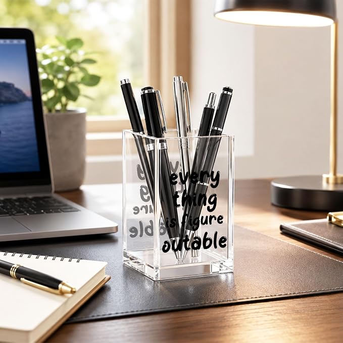 Acrylic Pen Holder Cup, “Everything Is Figureoutable” Desk Decor, Inspirational Pencil Holder Organizer, Motivational Office Accessories, Gift for Women Coworker