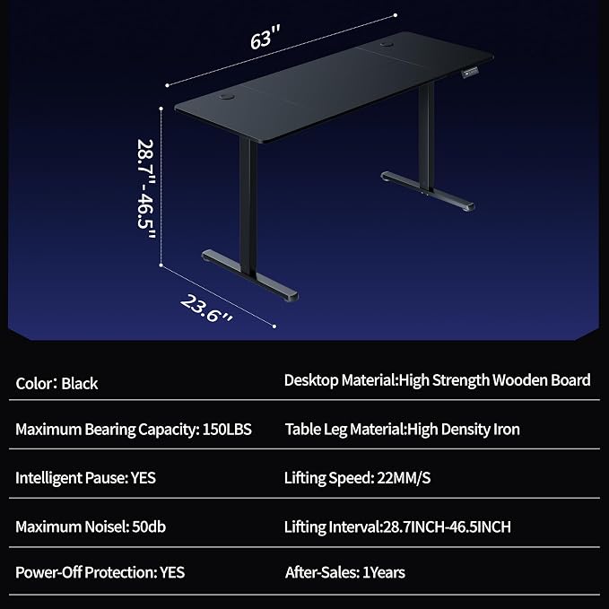 Shintenchi Standing Desk, 63x24 Inch Height Adjustable Electric Sit Stand up Desk, Ergonomic Rising Computer Table, Modern Lift Gaming Desk Workstation for Home Office, White