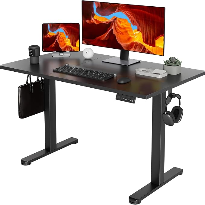 YDN Electric Standing Desk Adjustable Height, 48 x 24 Inches Stand up Desk with Cable Management, Home Office Desks with Splice Board & Black Frame, Black Top