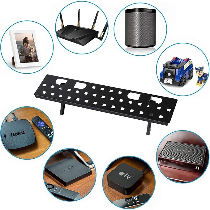 17.7in TV/PC Top Shelf Mount for Routers, Cable Boxes and Remote | Adjustable Monitor Top Shelf Wide Platform Screen Storage Bracket, TV Mounted Shelf for Games Consoles - 17.7 x 3.9 inches