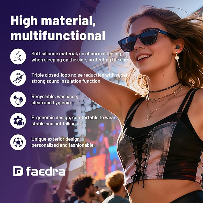 Faedra Ear Plugs for Sleeping 40dB Noise Cancelling, Reusable Soft Silicone Ear Plugs for Noise Reductiong, Earplugs for Sleep with 8 Ear Tips for Concerts, Snoring, Work, Shooting, and Travel (Black)