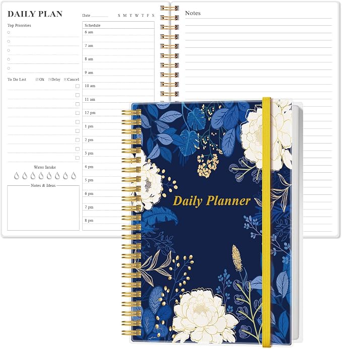 Daily Planner Undated - A5 To Do List Notebook Hourly Schedules, Spiral Appointment Planner for Women and Men, PVC Hardcover, Inner Pocket, Elastic Closure, 5.8" x 8.3", Blue Leaf Flower