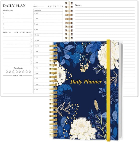 Daily Planner Undated - A5 To Do List Notebook Hourly Schedules, Spiral Appointment Planner for Women and Men, PVC Hardcover, Inner Pocket, Elastic Closure, 5.8" x 8.3", Blue Leaf Flower