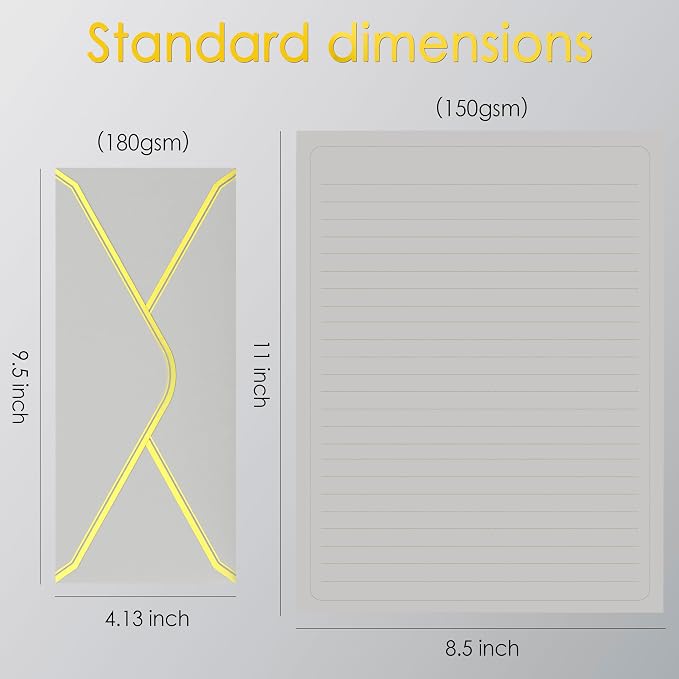 J6&H6 Gold Thread Stationary Paper and Envelopes Set Including 12 Standard Sized Phnom Penh Envelopes and 24 Sheets of Lined Paper Suitable for Daily Emotional Expression Formal Communication(grey)
