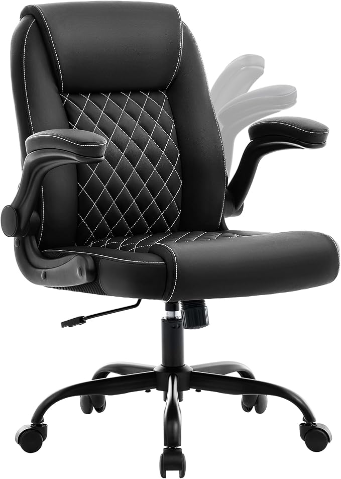 Leather Office Chair, 300lbs Heavy Duty Mid-Back Desk Chairs with Flip-up Armrests, Space-Saving Swivel Task Chair with Wheels, Adjustable Height and Ergonomic Back Support, Black