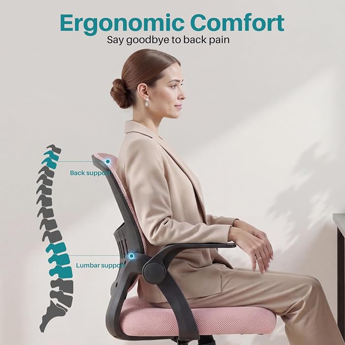 OLIXIS Ergonomic Office Desk Chair, Executive Mid-Back Computer Chair with Comfortable Lumbar Support & Rocking Mode, Height Adjustable with Flip-up Armrest, 360° Swivel, for Adults, Pink