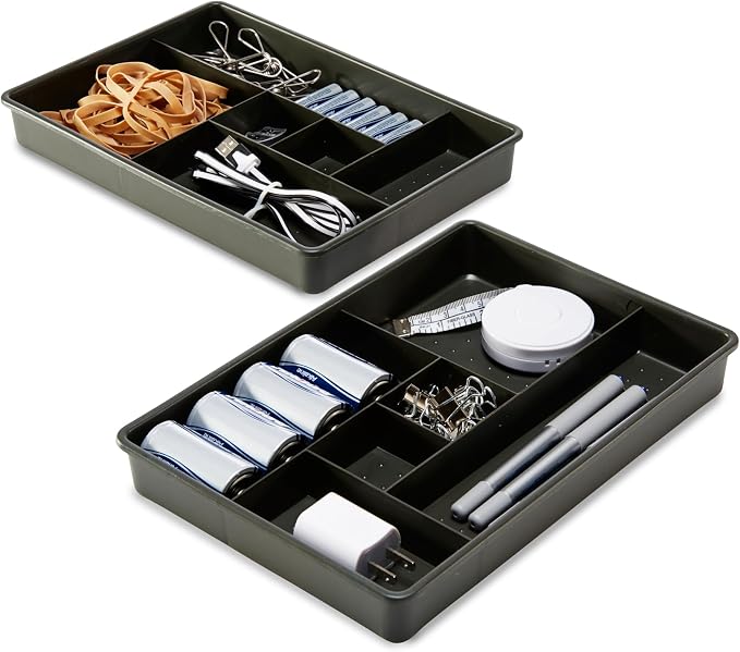 madesmart Classic 2 Piece Drawer Organizer, Granite | rounded corners, 12 compartments, open sections, cords tech accessories, office craft supplies, woman owned