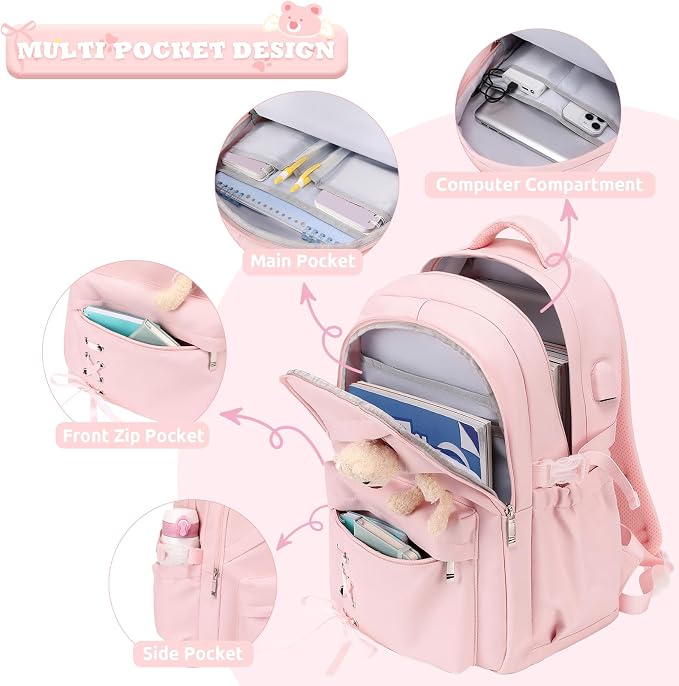 ACESAK Backpack for Girls with Bento Box - 4 PCS Cute Girls Backpack with Lunch Box, Pencil Case & Bento Box Set - 43oz Leakproof Lunch Box Kids Snack Containers Set Back to School Supplies (Pink)
