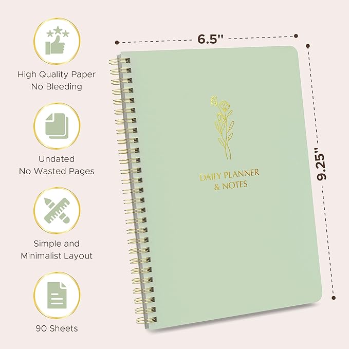 Simple Daily Planner Undated with Hourly Schedule - 6.5x9.25" Sage Green Day Planner & Spiral To Do List Notebook - Aesthetic and Cute Work Journal, Task Organizer Notepad and Productivity Planners