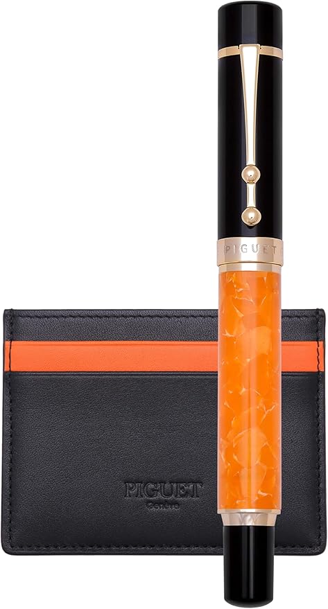 Piguet Genève – Luxury Fountain or Rollerball Pen Business Gift Set with Genuine Leather Card Holder, Premium Office Executive Gift (Fountain Pen, L’orange Set)