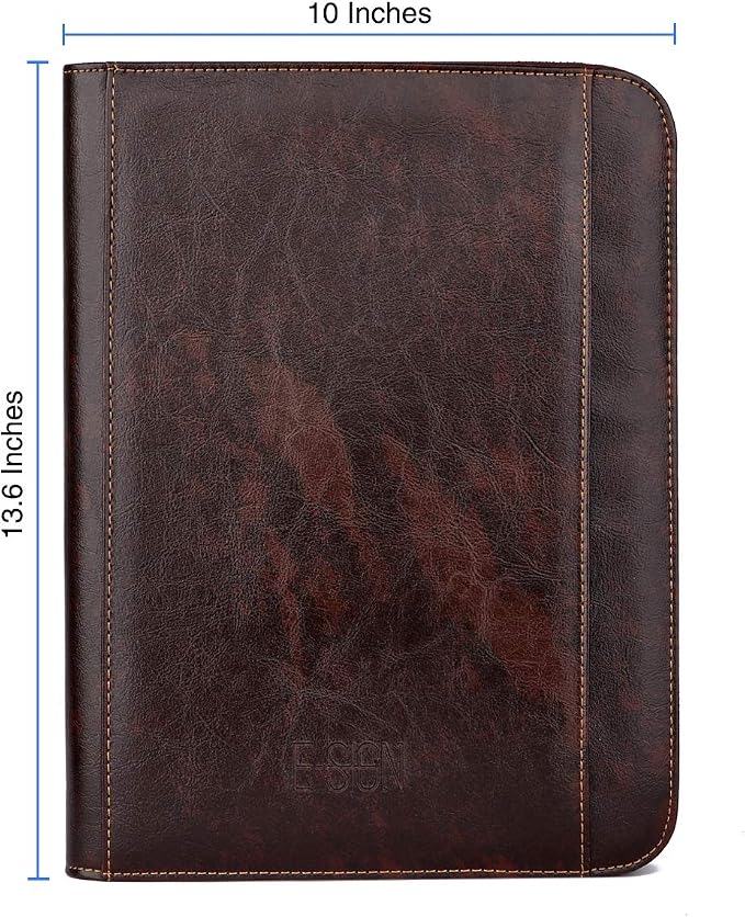 Faux Leather Portfolio Padfolio Organizer with Calculator, Writing Pad, Zipper Closure, Tablet Sleeve, Clipboard with Storage, Document Organizer, Business Card Holder, Note Pads- Dark Brown