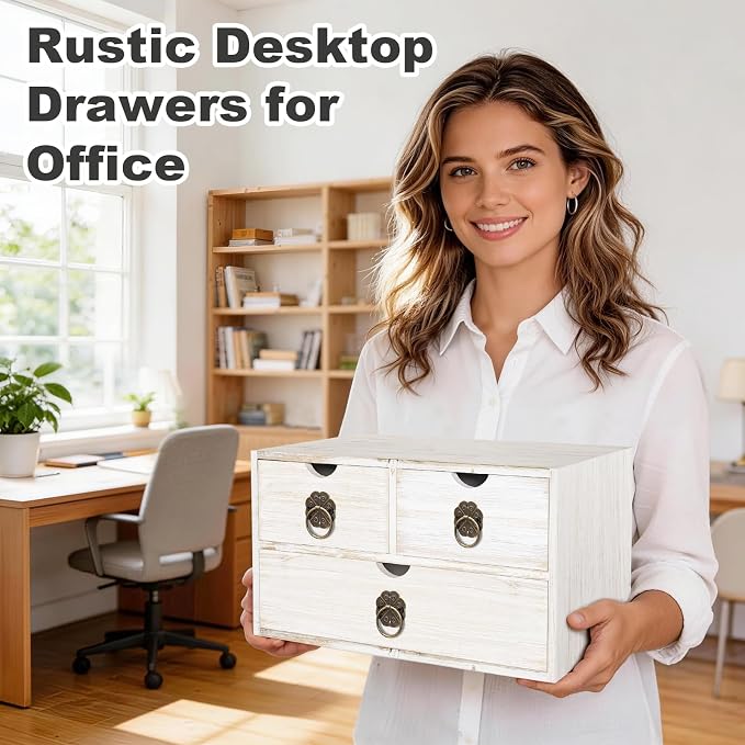 Wood Desk Organizer with Drawer, White Wooden Desktop Organizer, Tabletop Storage Organization Box for Countertop, Home Office Supplies (3 Drawer)