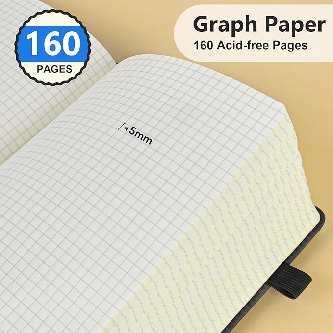 PERCUN A5 Hardcover Graph Paper Notebook, 5.9”x8.5” Leather Journal for Women & Men, 160 Pages Grid Paper Composition Notebook for Work, School, Math, Quad Ruled Writing Journals,Graphing (Black)