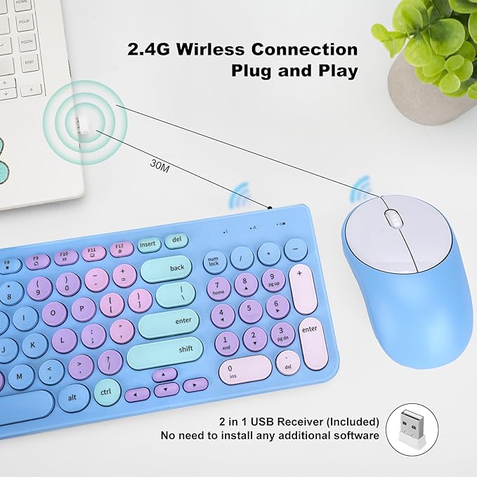 Wireless Keyboard and Mouse Combo, Retro Typewriter Keyboard with Round Keycaps, 2.4GHz USB Cute Wireless Keyboard Mouse for Computer, Desktop, Laptop and Computer (Rainbow Blue)