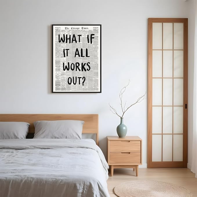 Framed What If It All Works Out Wall Art Black and White Retro Newspaper Poster Positive Motivational Canvas Print Painting Inspirational Quote Picture Decor for Office Home Bedroom Dorm 24x36inch