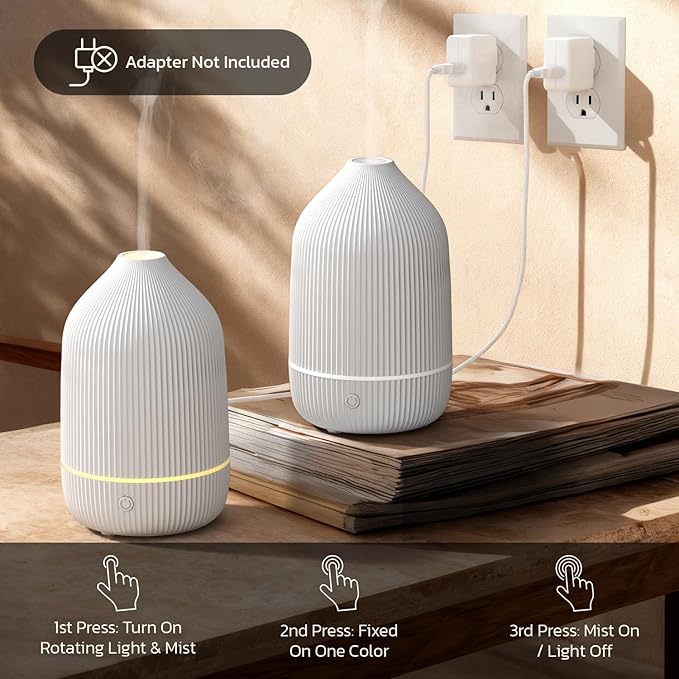 Essential Oil Diffuser, 2Pack, 100ml Aromatherapy Diffuser, Mini Ultrasonic Diffuser for Essential Oil, Home, Office, Cool Mist Humidifier with 7 Led Light, Auto Shut-Off, White