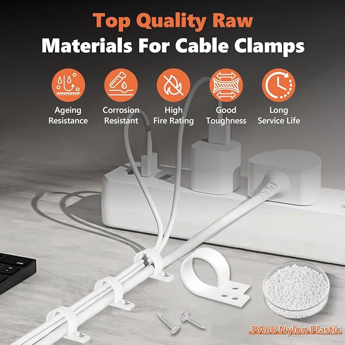 292Pcs White PA66 Nylon R Type Cable Clamps Clips Assortment Kit | Good Ductility, Fireproof, 6 Sizes (3/16'' 1/4'' 3/8'' 1/2'' 3/4'' 1''), 146pcs M4 Screws, for TV/PC/AC Cables & Wires.