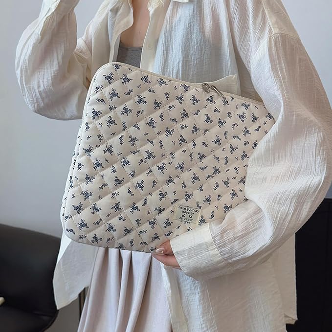 Cute Laptop Sleeve 13-15 inch Laptop Case Aesthetic Quilted Laptop Sleeve Computer Bag with Flower Printing for MacBook (Blue, 13inch)