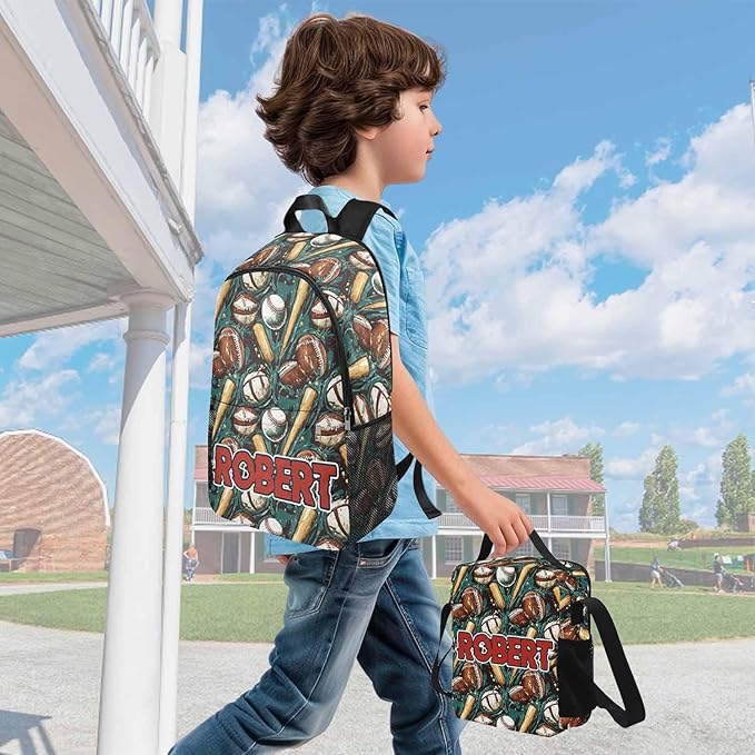Personalized Baseball Backpack with Name Back to School Supplies Bookbag for Kids Boys Custom Football Balls Player Schoolbag and Water Bottle Cup&Pencil Pouch School Backpacks with Lunch Box Set