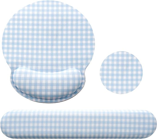Tellegloww Wrist Rest Support for Mouse Pad&Keyboard Set, Blue Gingham Checkered Circle Curved Ergonomic Mousepad&Coaster Non-Slip Base Design for Office Home Laptop Desktop Computer Keyboard