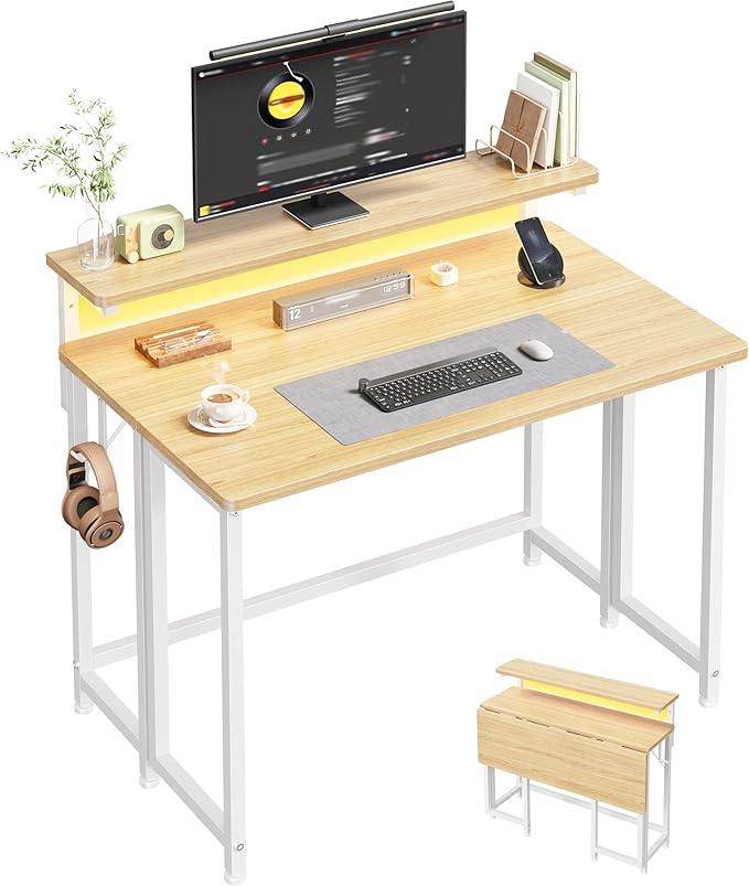 Folding Desk for Small Space,Foldable Computer Desk with Monitor Stand,31.5 Inch Small Desk with LED Lights for Bedroom Home Office,Writing Work Office Computer Desk with Hooks,Oak