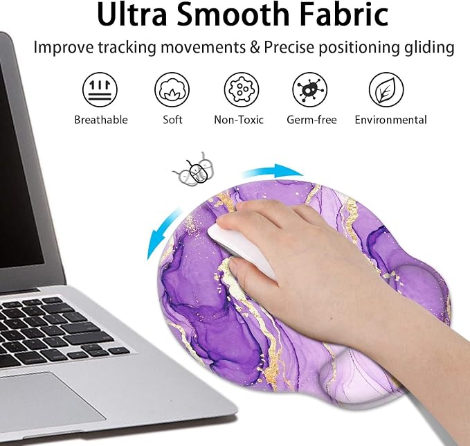 Britimes Purple Gold Marble Ergonomic Mouse Pad Set with Wrist Rest Non-Slip Rubber Base Wrist Cushion Support and Coasters Mousepad with Wrist Support for Computer Keyboard and Desk