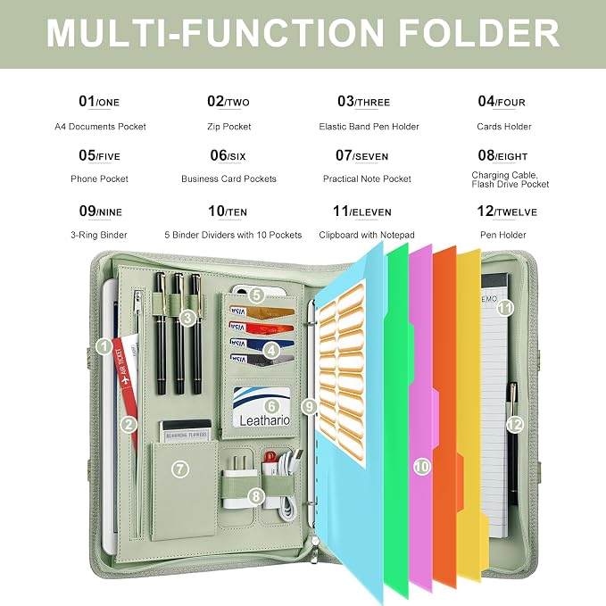 Leathario Portfolio Binder, Includes 5 Folder Index Dividers, 13 Inch Tablets Organizer with Handle, Vegan Leather A4 Padfolio, Multi-Pocket Notepad Business Planner Professional Document
