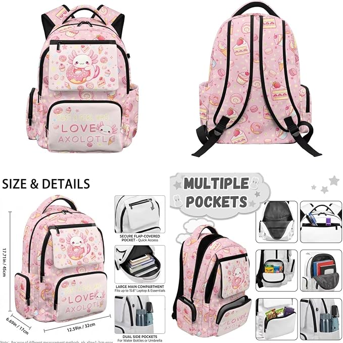 WELLFLYHOM 4 PCS Cake Donut Axolotl Backpack Set for Girls Ages 8-12 | Lightweight Elementary Daypack Set Includes Lunch Box, Pencil Case and Water Bottle Sleeve for All-Day School Use