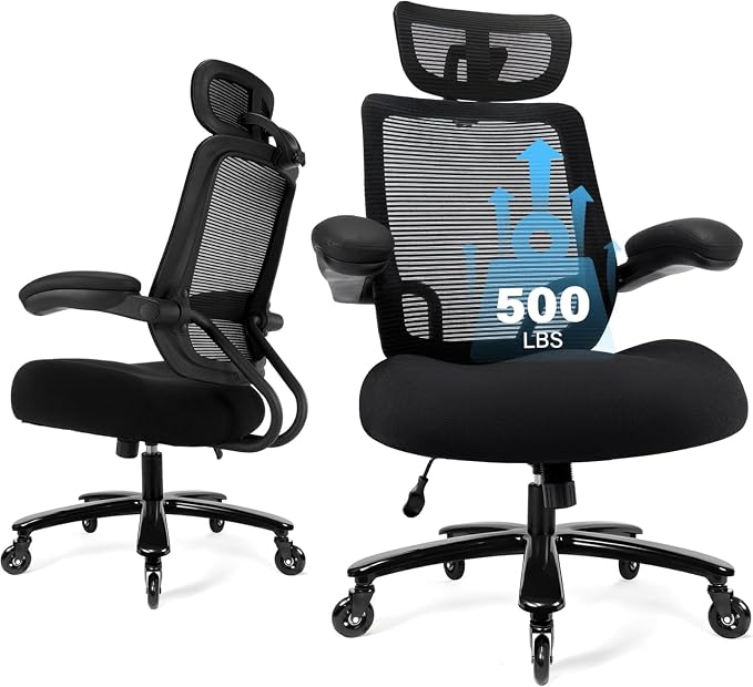 500lbs Big and Tall Office Chair - Heavy Duty Mesh Ergonomic Desk Chair with Headrest, High Back Computer Chair - Flip-up Armrests, Wide Thick Seat Cushion, Quiet Wheels, Black