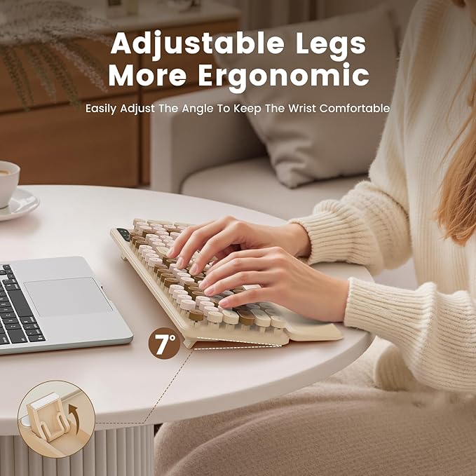 Wireless Keyboard, Round Keycaps, Retro Typewriter Keyboard with Detachable Wrist Rest, Sleep Mode, Foldable Legs, 2.4GHz Full-Size Cordless Computer Keyboard for Windows/PC/Laptop (Latte)