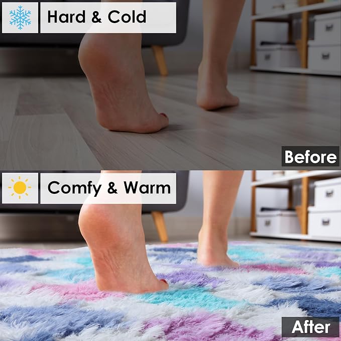 KICMOR Purple Rainbow Checkered 5x7 Area Rugs for Living Room, Colorful Fluffy Soft Fuzzy Shag Shaggy Bedroom Carpet, Cute Indoor Furry Plush Rug for Kids Girls Dorm Nursery Home Decor Aesthetic