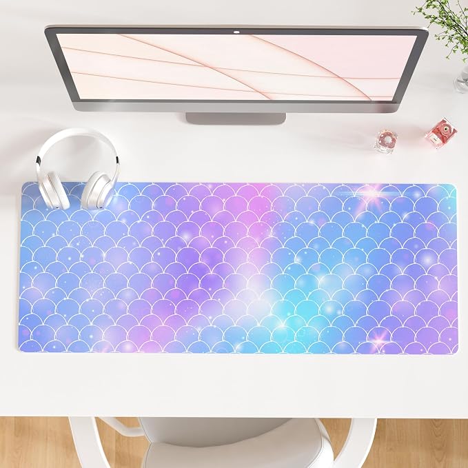 QiyI Large Desk Pad, Colorful Mouse Pad Desktop Decor, Waterproof PU Leather Desk Cover Protector, Desk Accessories for Office Home Work Writing Gaming 31.5" x 11.8" - Gradient Fish Scales