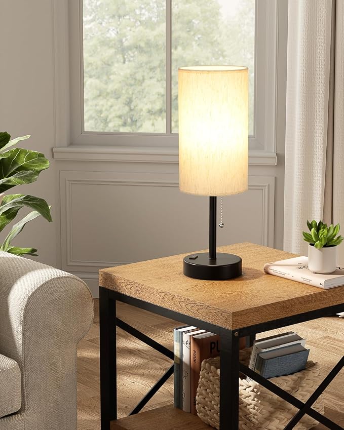 17.4" Large Bedside Table Lamps Set of 2 - 3 Color Temperatures Pull Chain Lamp with AC Outlet Charging Port, Round Night Stand Lamps for Bedroom Guest Room Office, Bed Side Light with E26 LED Bulbs
