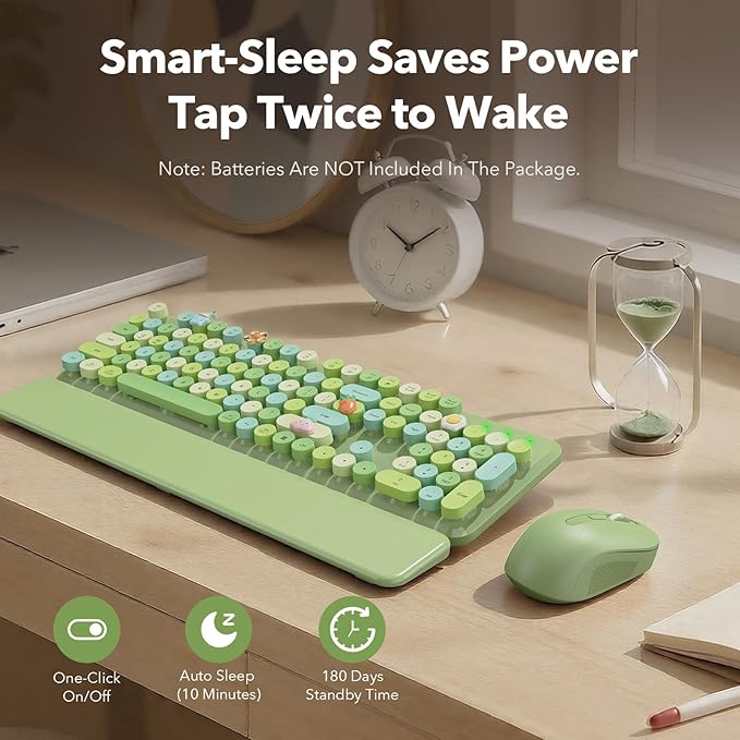 Wireless Keyboard and Mouse Combo, Cute Retro Typewriter Keyboard with Round Keycaps, Full-Size Aesthetic Keyboard with Magnetic Wrist Rest, 2.4G USB for Windows/Mac Desktop Laptop (Green Multi-Color)